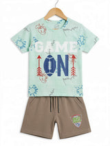 Boys Mint Green Game On Printed T-Shirt and Shorts Co-ord Set