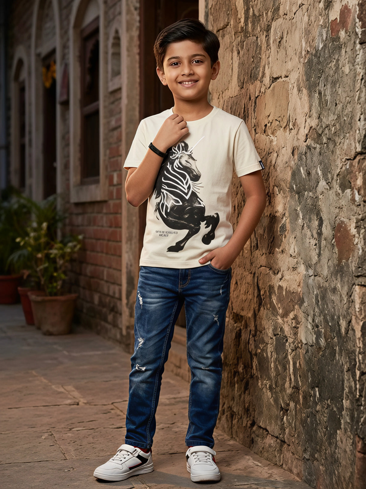 Boys Cream Unicorn Graphic T-Shirt