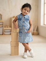 Girls' Sleeveless Denim Vest and Button-Front Skirt Co-ord Set - Light Blue
