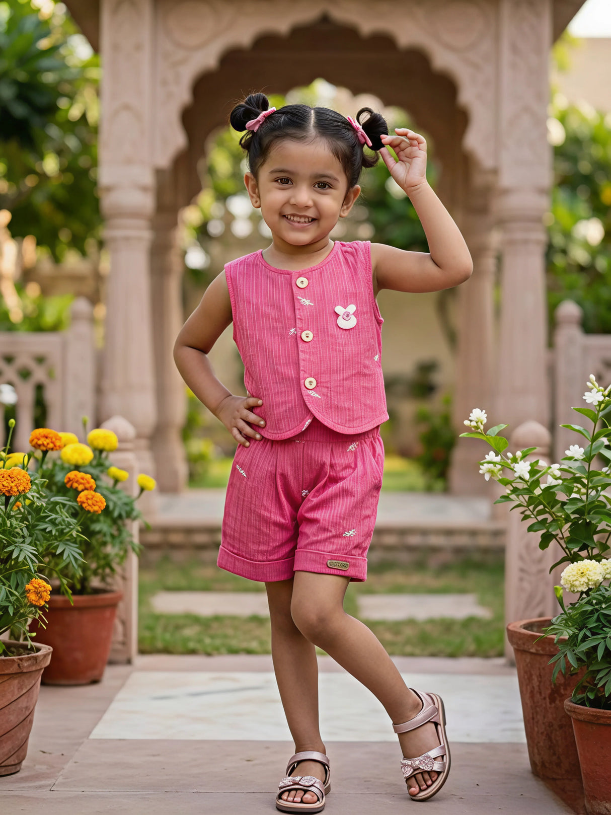 Girls' Fuchsia Pink Cotton Vest & Shorts Co-ord Set