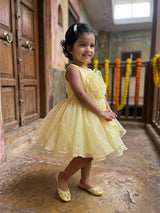 Girls Sunny Yellow Organza Party Wear Frock with 3D Floral Appliqué