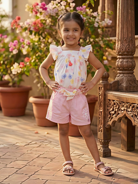 Girls' Pastel Floral Peplum Top and Pink Shorts Coordinate Set