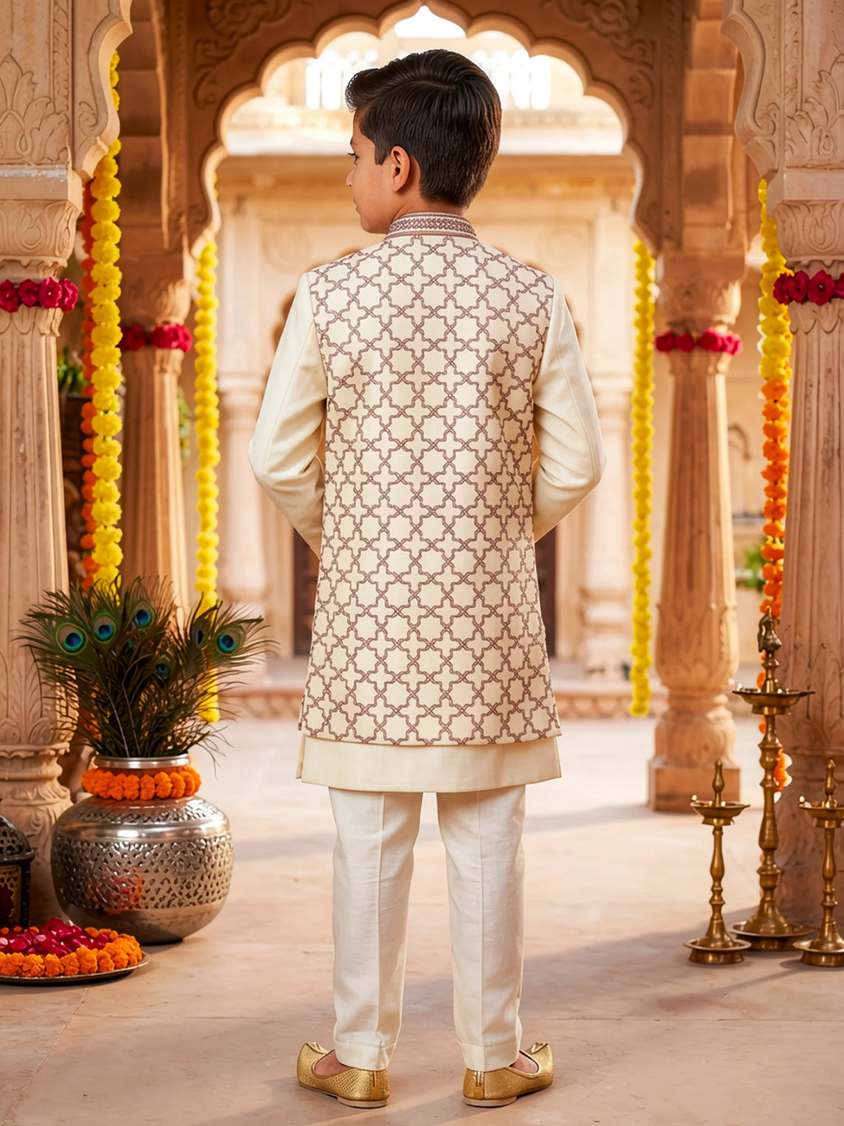 Boys Elegant Cream Embroidered Sherwani Set
