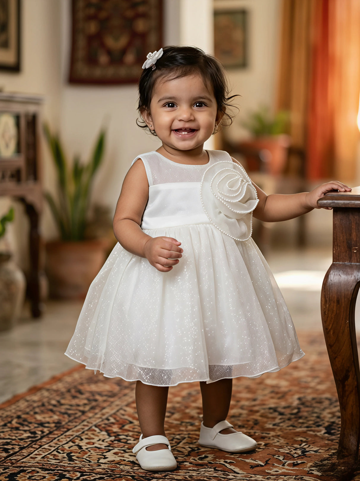 Elegant Cream Floral Appliqué Party Frock for Girls