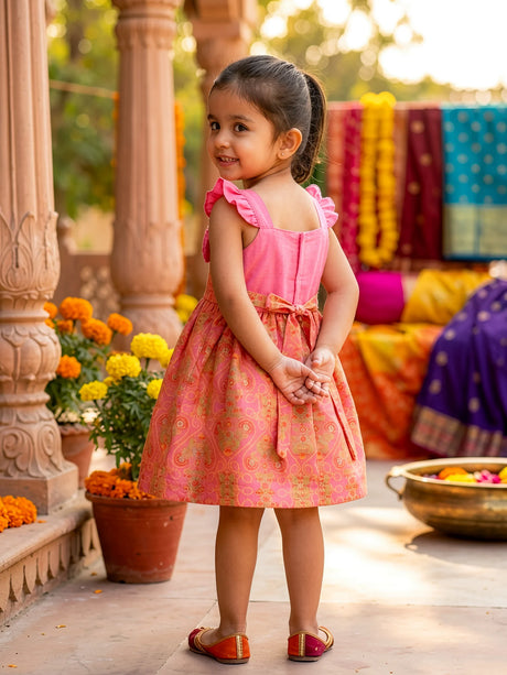 Pink Floral Brocade Girls' Festive Frock