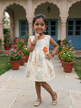 Floral Printed Cream Cotton Frock with Orange 3D Flower
