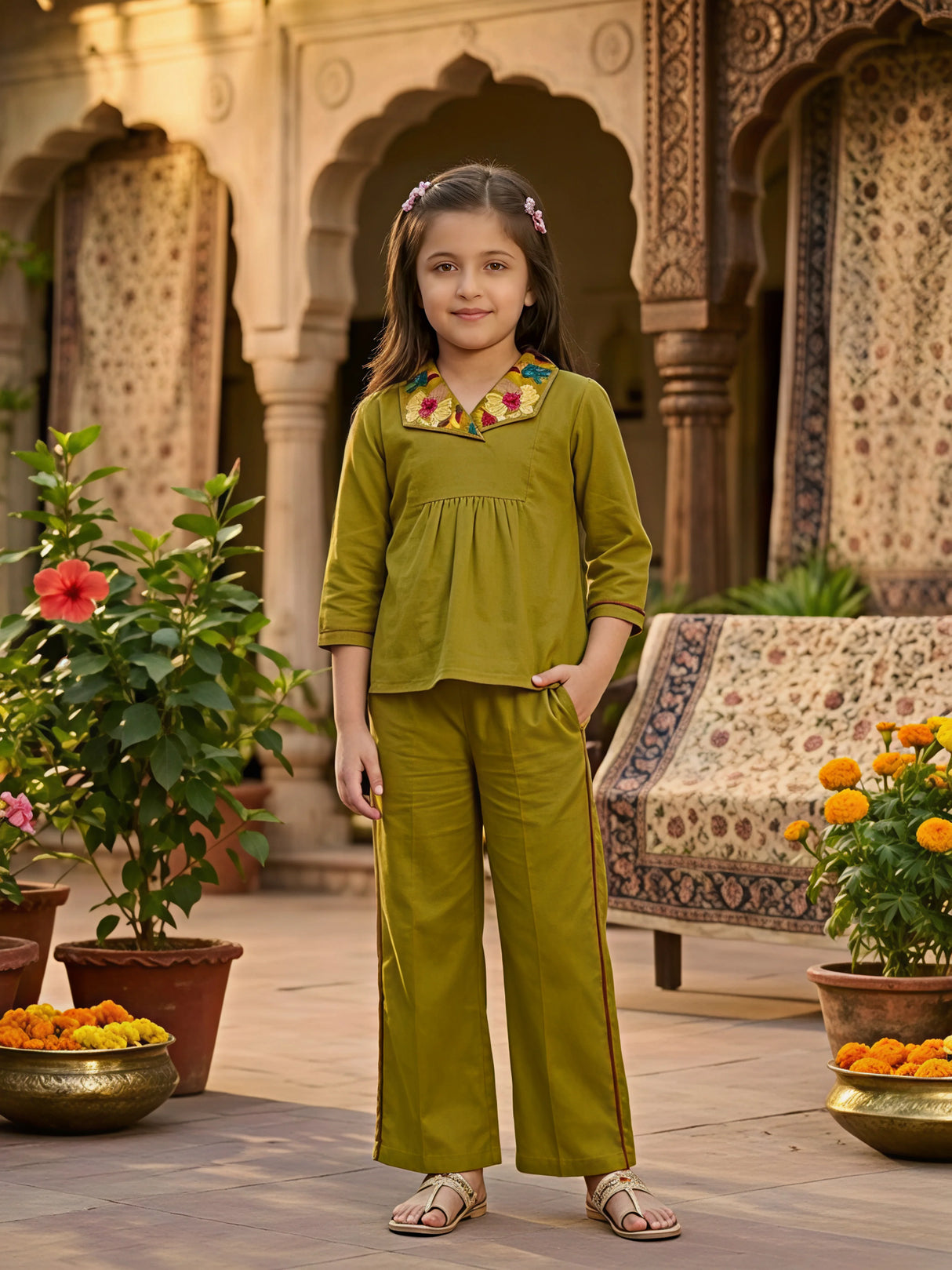 Girls Olive Green Embroidered Plazo Set