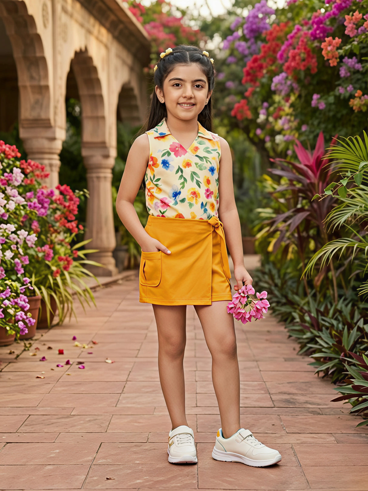 Floral Print Sleeveless Top and Mustard Yellow Wrap Skort Set.