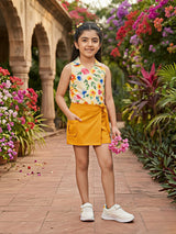 Floral Print Sleeveless Top and Mustard Yellow Wrap Skort Set.