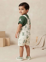 Infant Boys Green Teddy Print Dungaree Set.