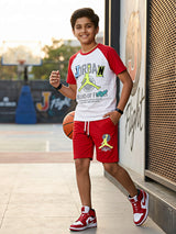 Boys Red and White Varsity Athletic Coordinate Set.
