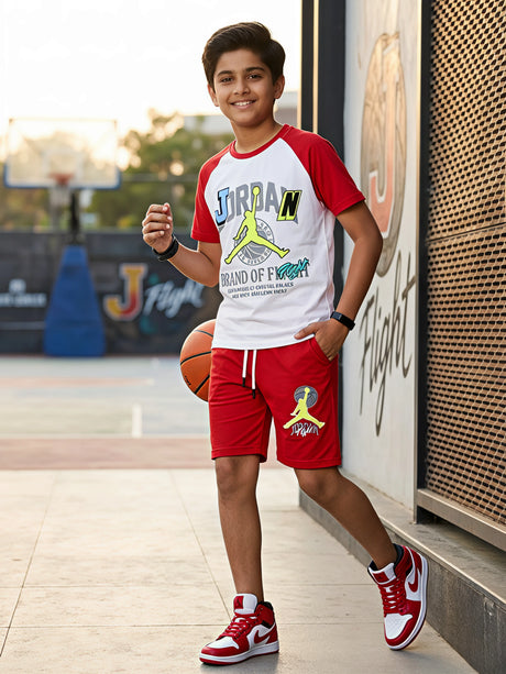 Boys Red and White Varsity Athletic Coordinate Set.