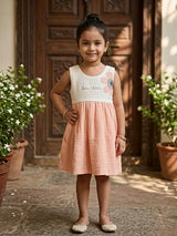 Dual-Tone Peach Cotton Frock with Floral Embroidery