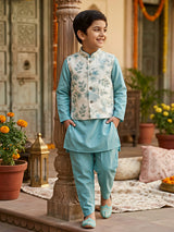 Boys Sea Green Kurta Set with Embroidered Floral Nehru Jacket