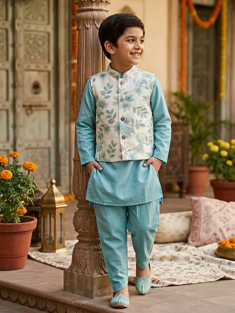 Boys Sea Green Kurta Set with Embroidered Floral Nehru Jacket