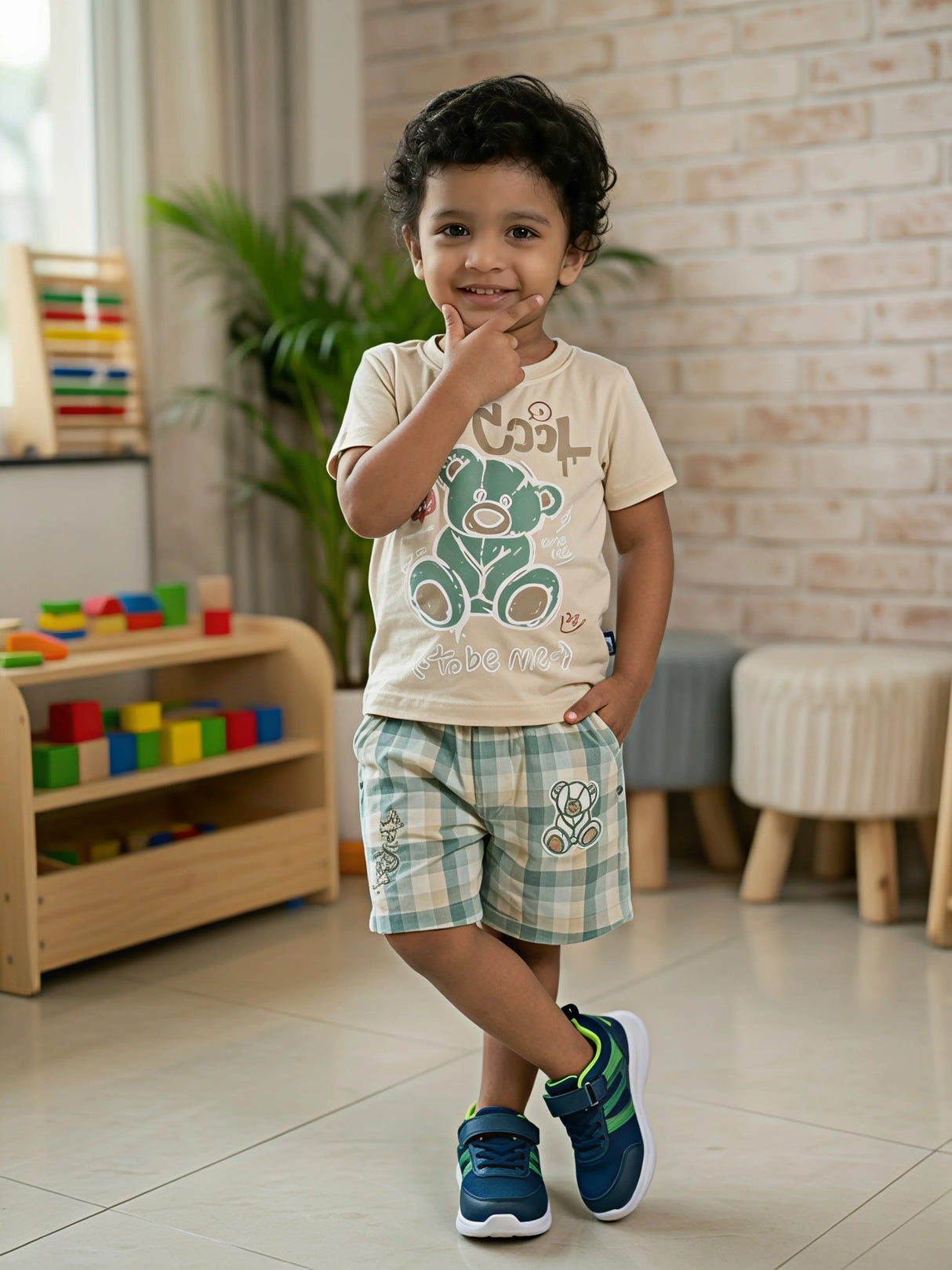 Boys Green Bear Graphic Tee & Plaid Shorts Coord Set