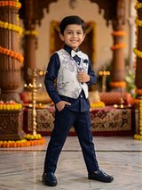 Boys Navy Blue Floral Waistcoat Set