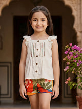 Girls Cream Ruffle Top & Floral Print Shorts Two-Piece Set.