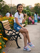Girls Navy Blue Embroidered Denim Shorts.