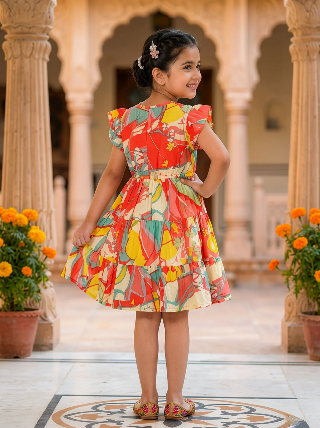 Vibrant Orange Floral Tiered Frock for Girls