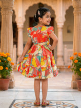Vibrant Orange Floral Tiered Frock for Girls