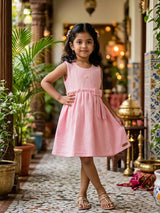 Girls' Pastel Pink Textured Cotton Frock with Bow Detail