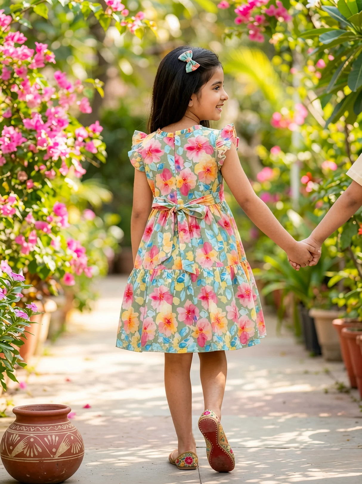 Girls Green Floral Print Ruffle Frock