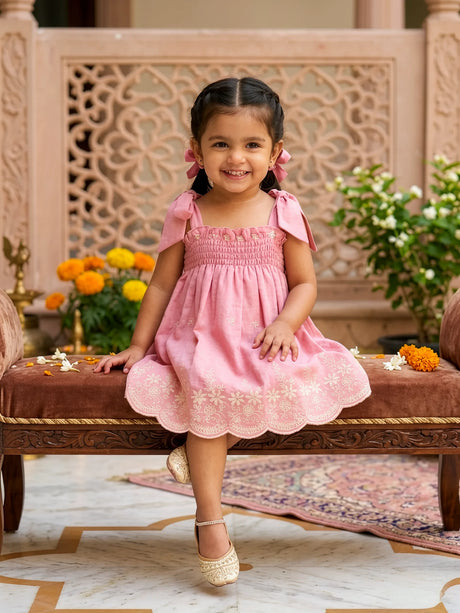 Peach Embroidered Cotton Frock