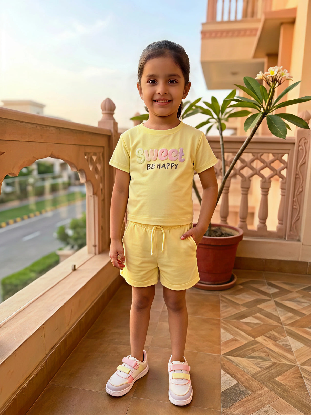 Girls Yellow "Sweet" Graphic Cotton Co-ord Set