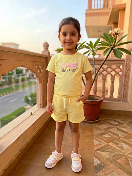Girls Yellow "Sweet" Graphic Cotton Co-ord Set