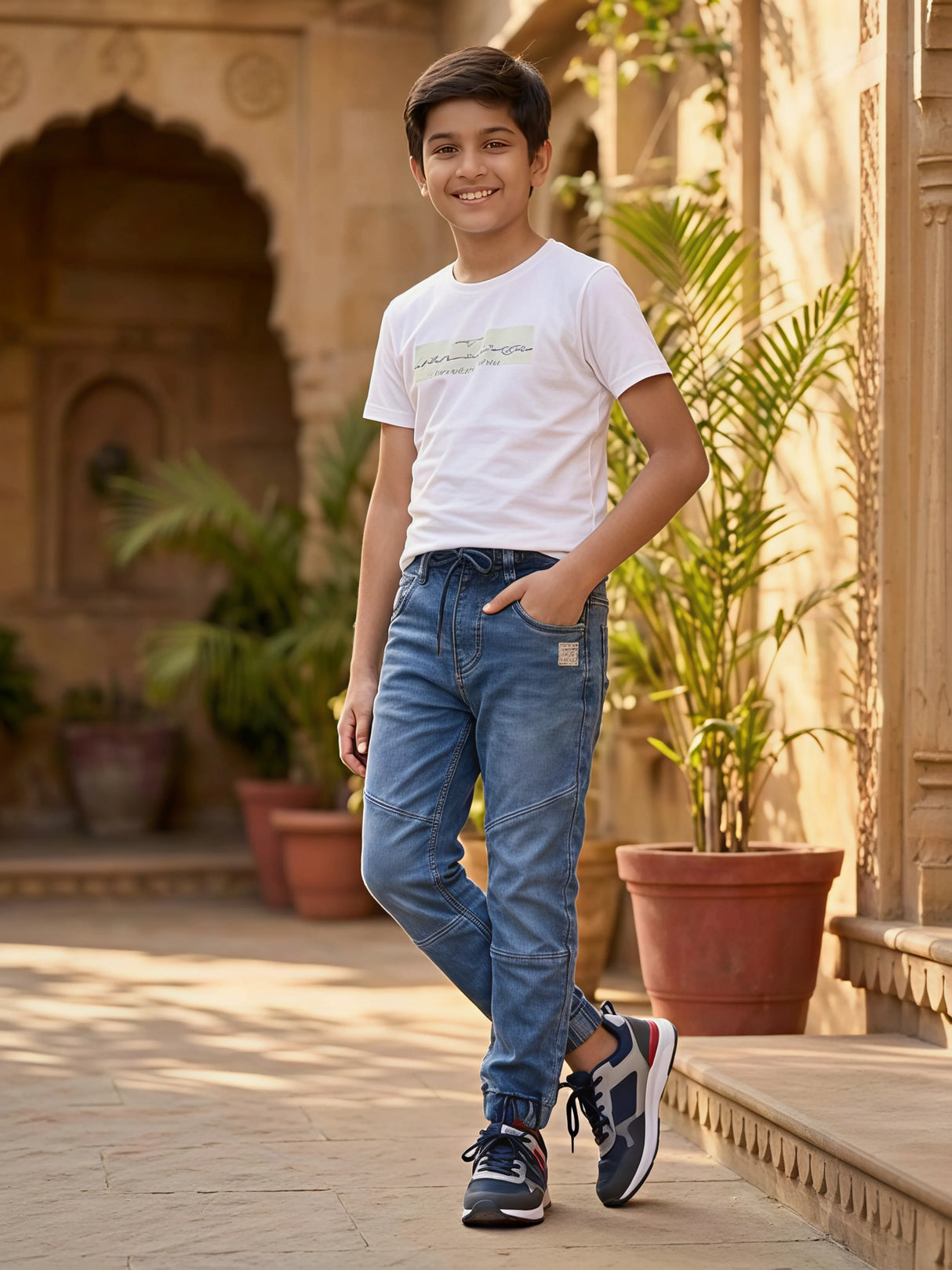 Boys' Dark Blue Melange Fleece Joggers with Neon Yellow Drawstring