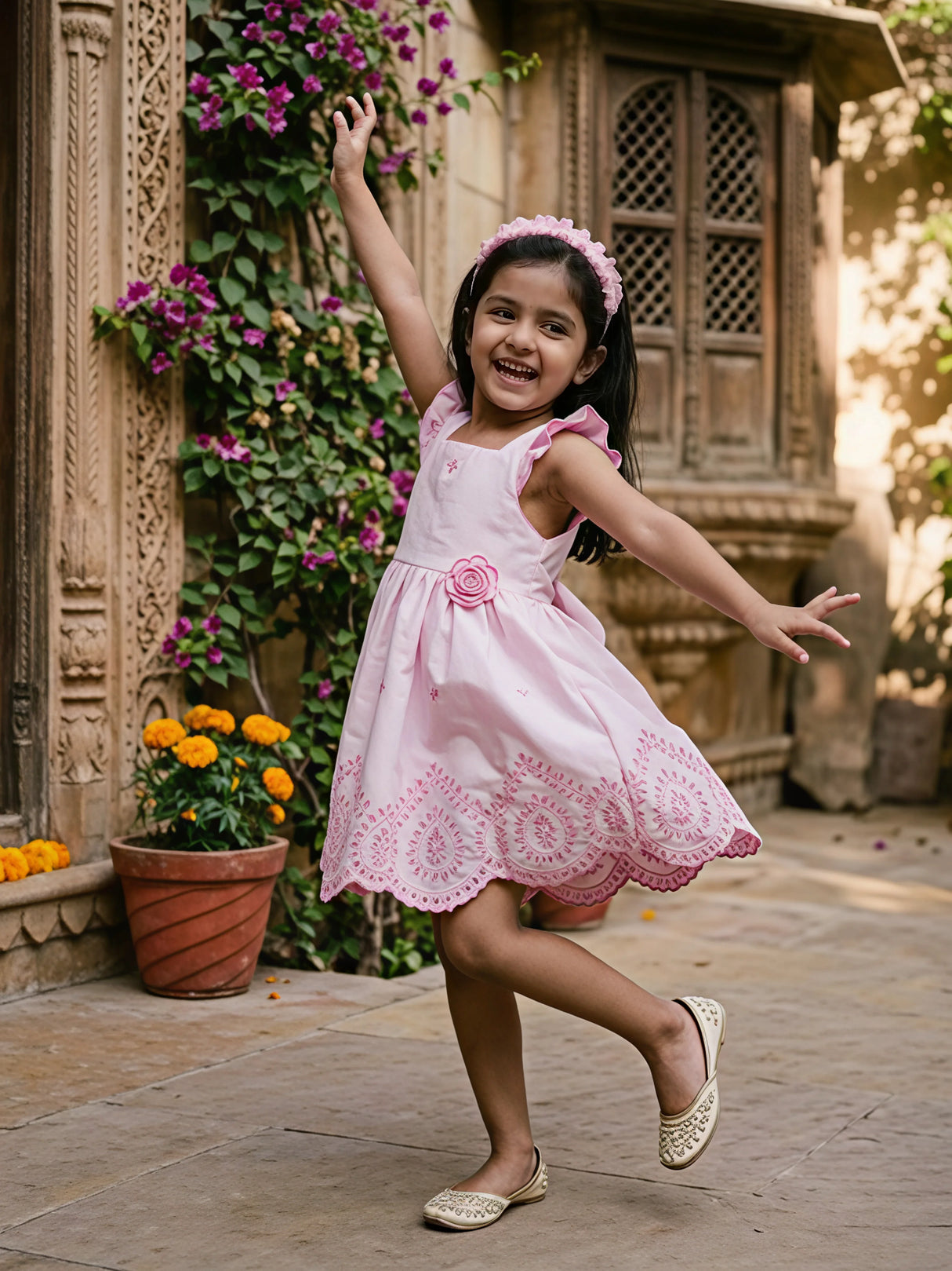 Girls' Pastel Pink Embroidered Ruffle Frock with Floral Appliqué