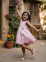 Girls' Pastel Pink Embroidered Ruffle Frock with Floral Appliqué