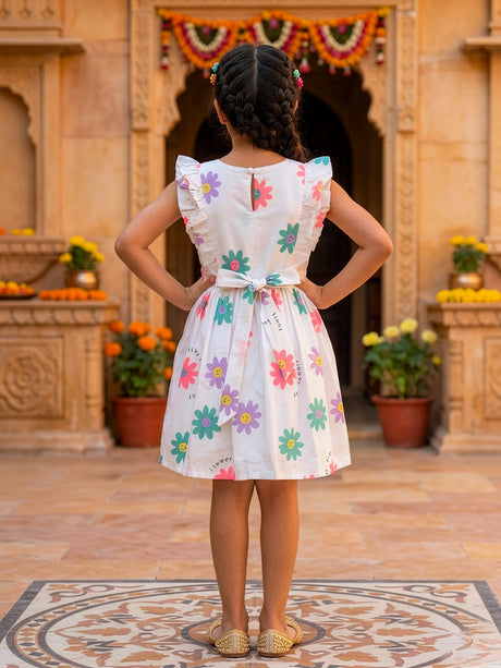 Girls White Floral Ruffle Cotton Frock