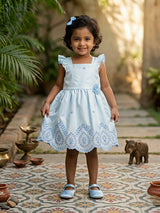 Little Blossom Blue Embroidered Cotton Frock with Ruffle Sleeves