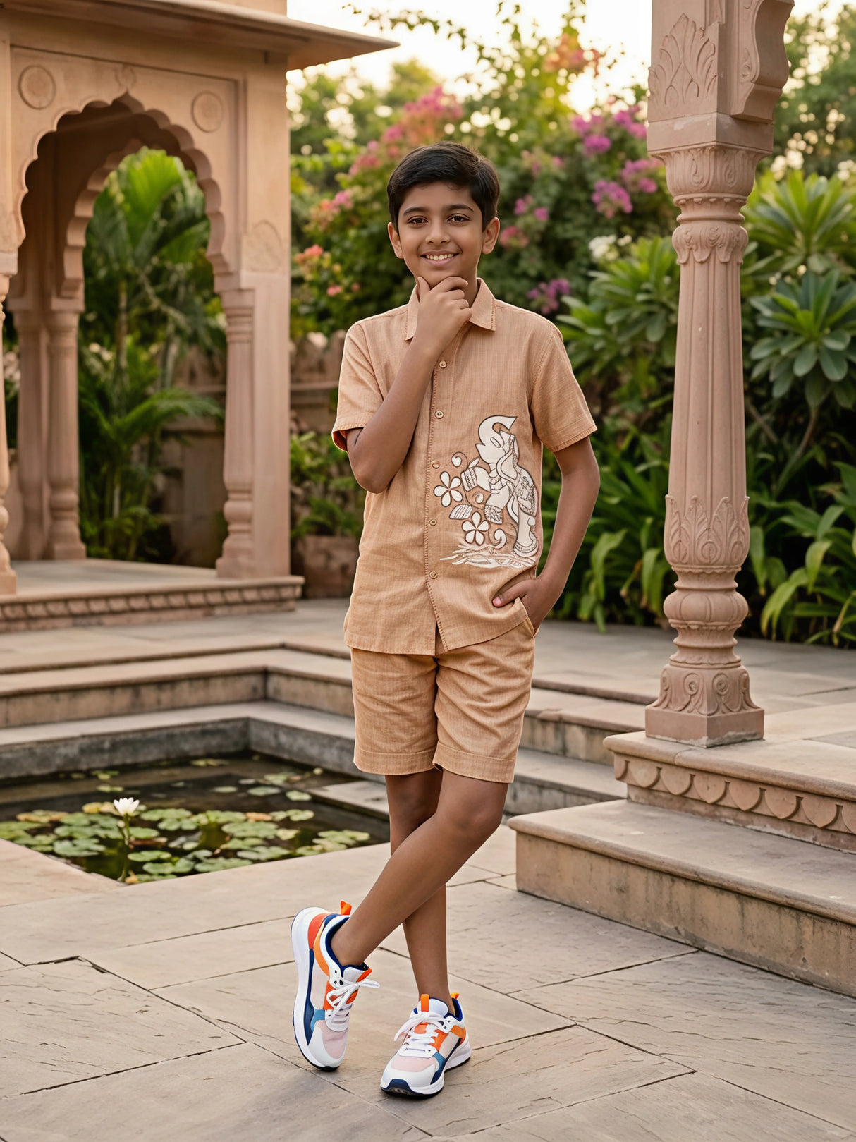 Boys Brown Blazo Elephant Print Cotton Co-ord Set.