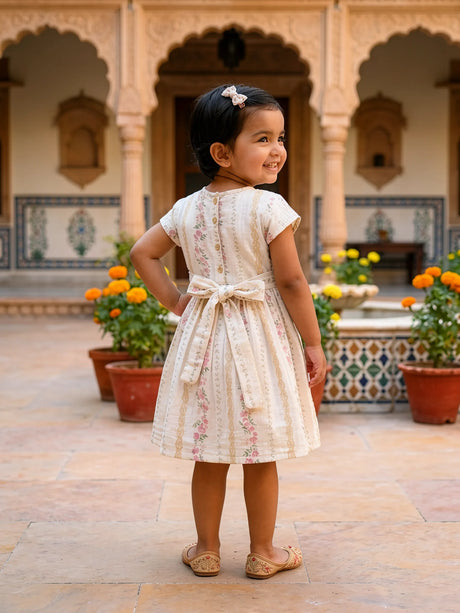 Elegant Cream Floral Bow Frock for Girls