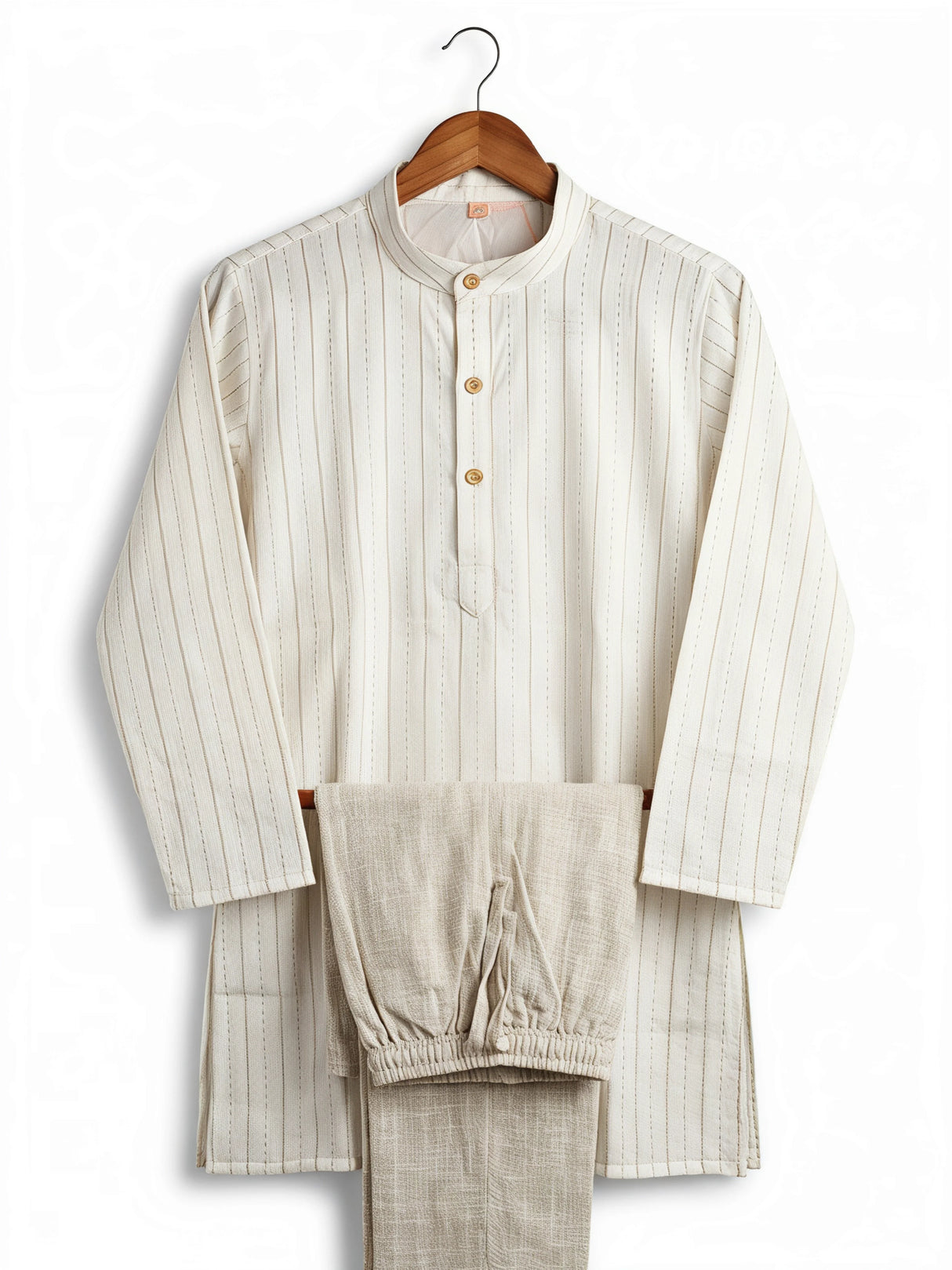 Boys Elegant Light Brown Striped Kurta with Textured Pajama Set