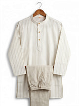 Boys Elegant Light Brown Striped Kurta with Textured Pajama Set
