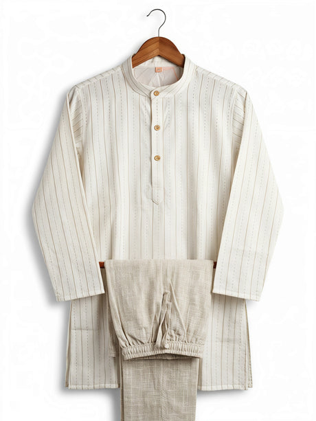 Boys Elegant Light Brown Striped Kurta with Textured Pajama Set