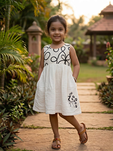 Girls' Elegant White Cotton Frock with Peacock Embroidery