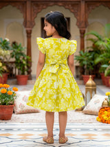 Girls Lime Green Floral Tiered Cotton Frock