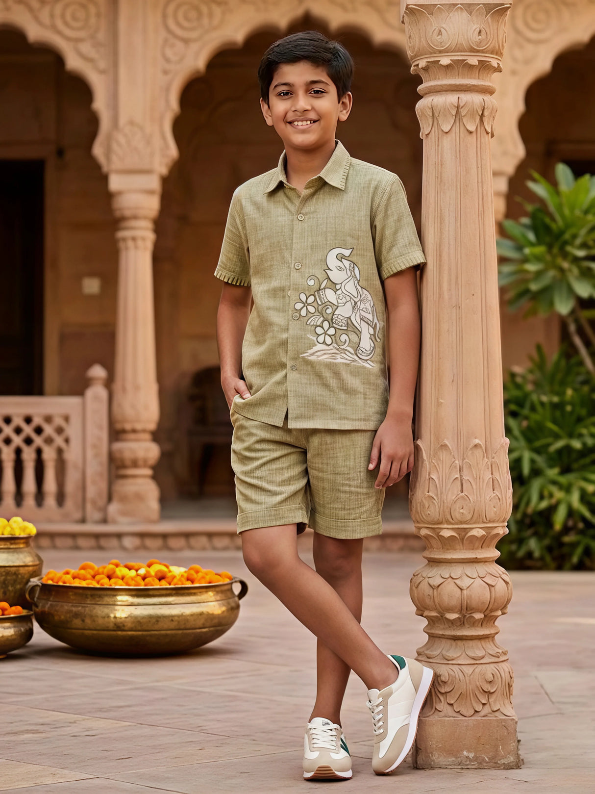 Boys Sage Green Elephant Print Co-ord Set.