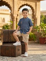 Boys Blue Mandarin Collar Cotton Shirt and Khaki Cargo Shorts Co-ord Set
