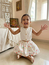 Girls' White Linen-Blend Button Crop Top & Printed Skirt Set