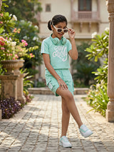 Girls' Mint Green "Stay Groovy" Crop Top and Cargo Shorts Co-ord Set