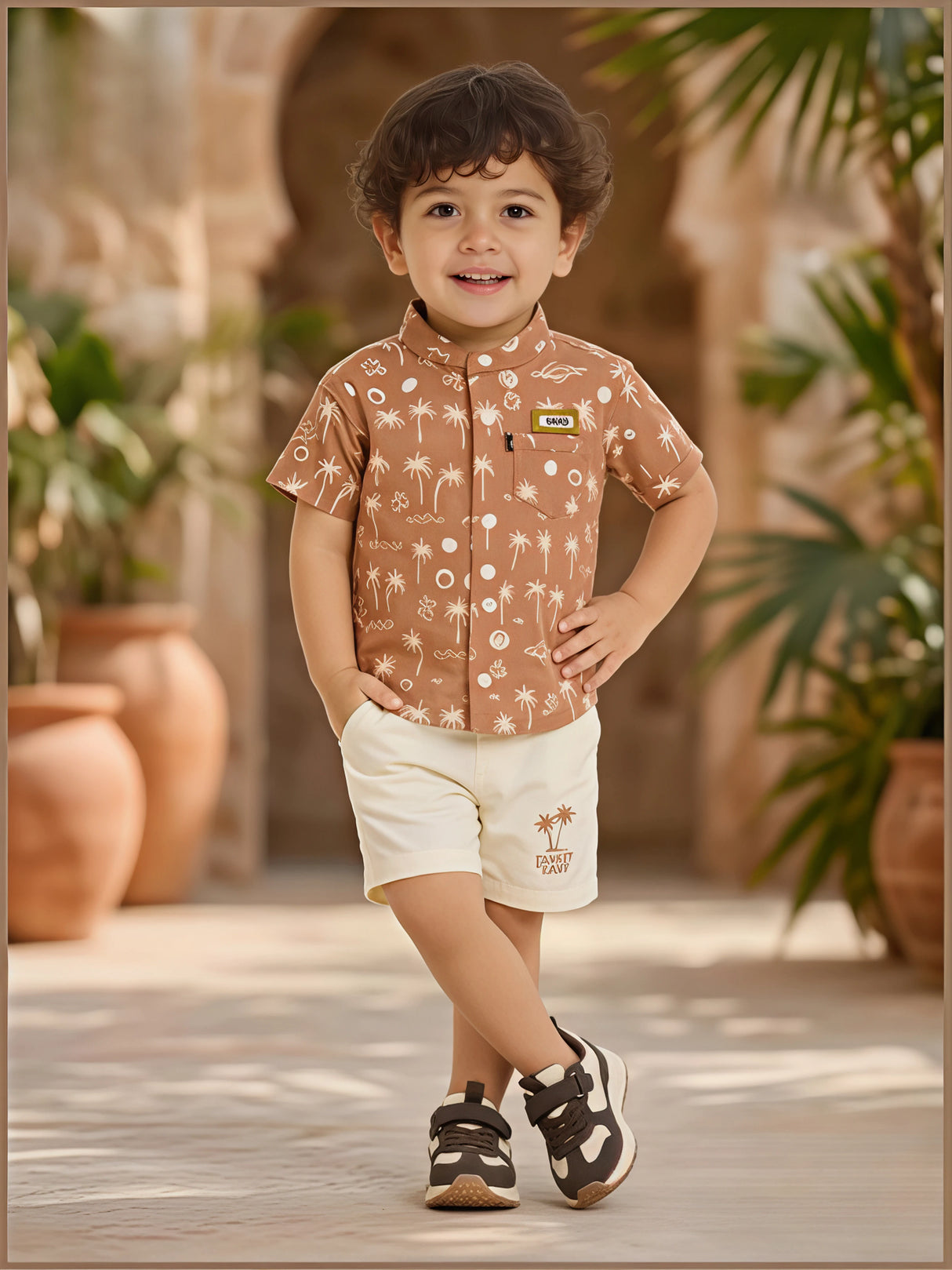 Boys' Tropical Palm Print Brown Coordinate Set