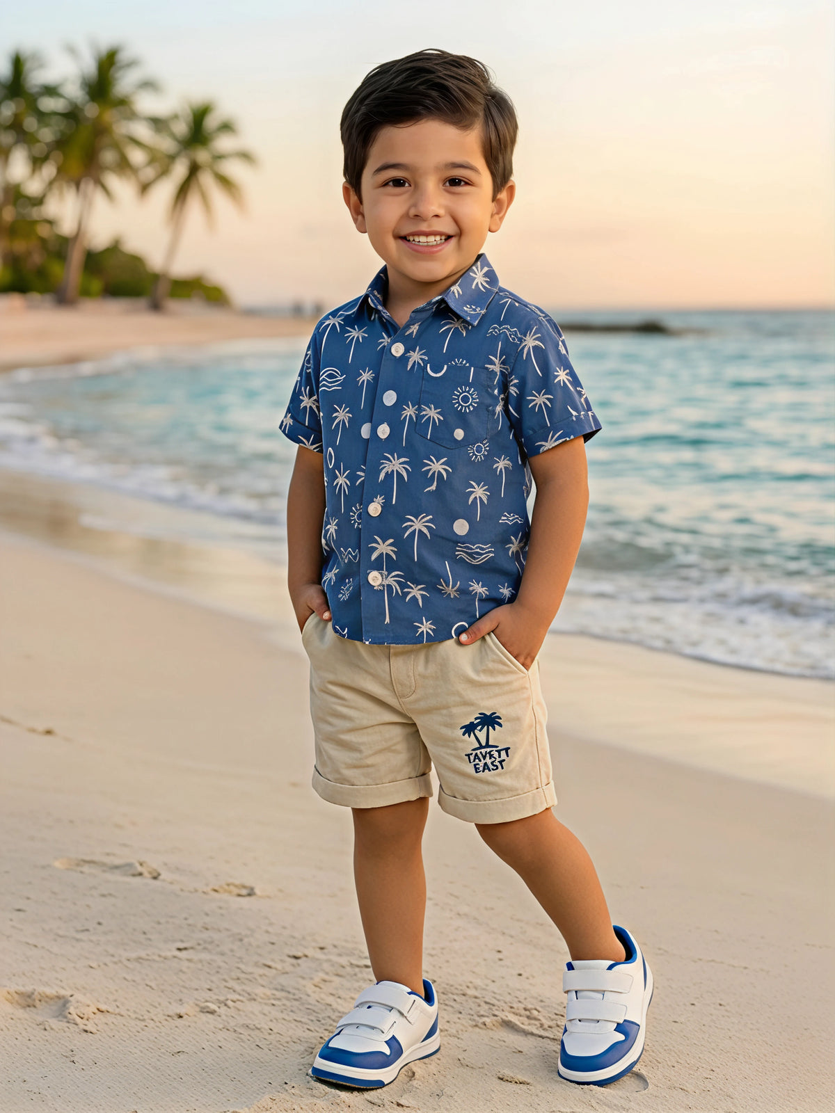 Boys Blue Tropical Palm Print Shirt and Shorts Coordinate Set