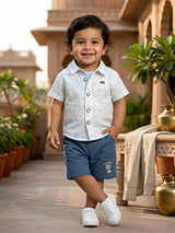 Boys Blue Safari Print Cotton Shirt and Shorts Co-ord Set