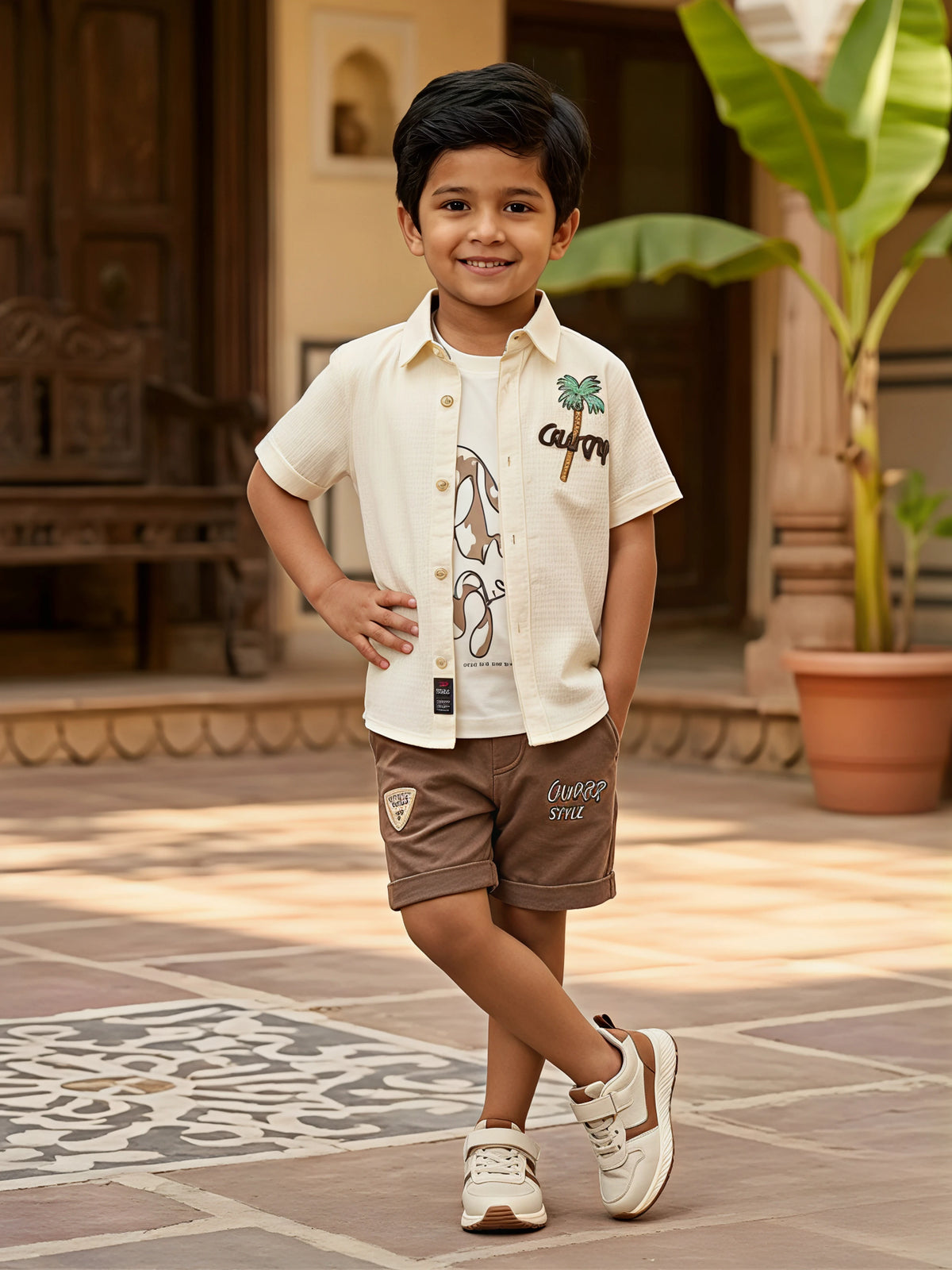 Boys Cream Palm Tree Graphic Shirt & Shorts Co-ord Set